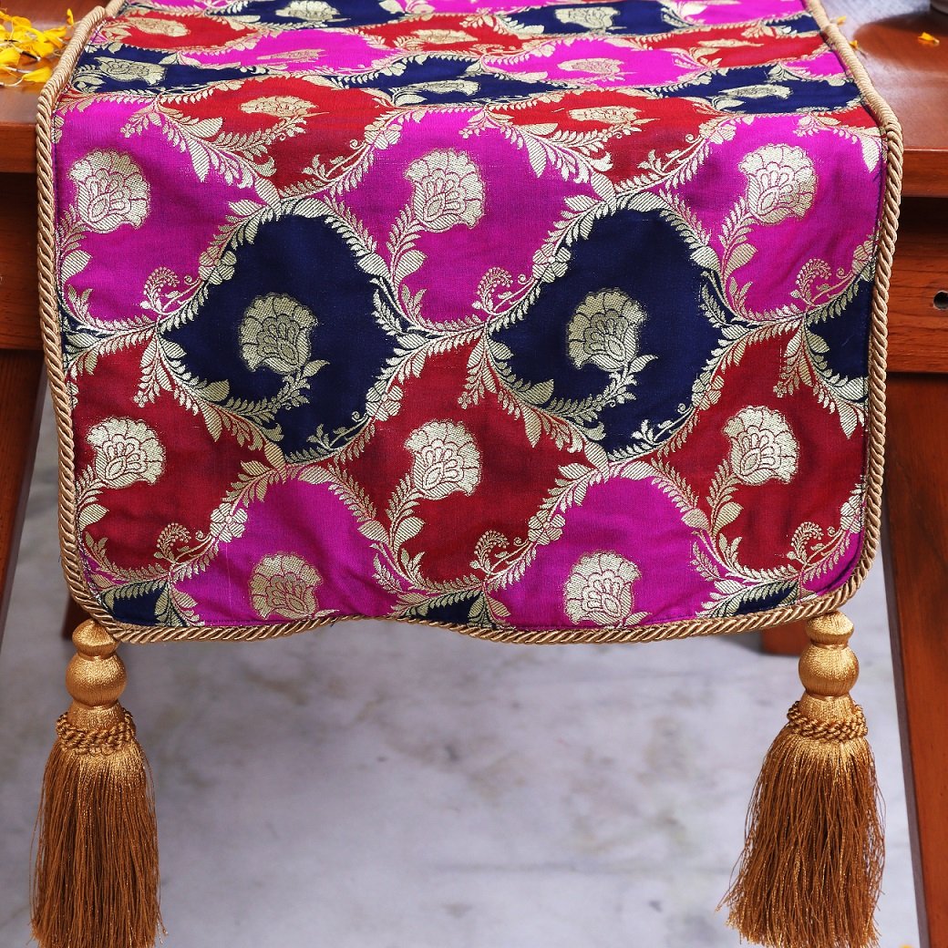 Khin-Khwabeeda Brocade Table Runner (Rust, Blue, Pink) - Image 2