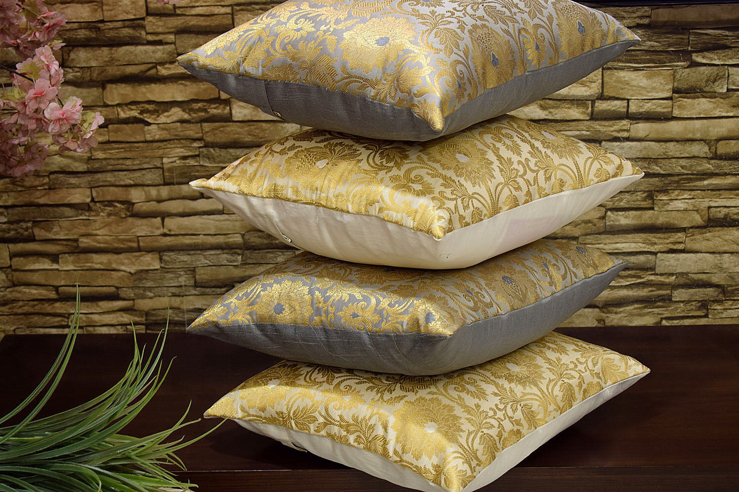MUGHAL BANARASI Brocade Cushion Covers Combo (Grey & White) - Image 2