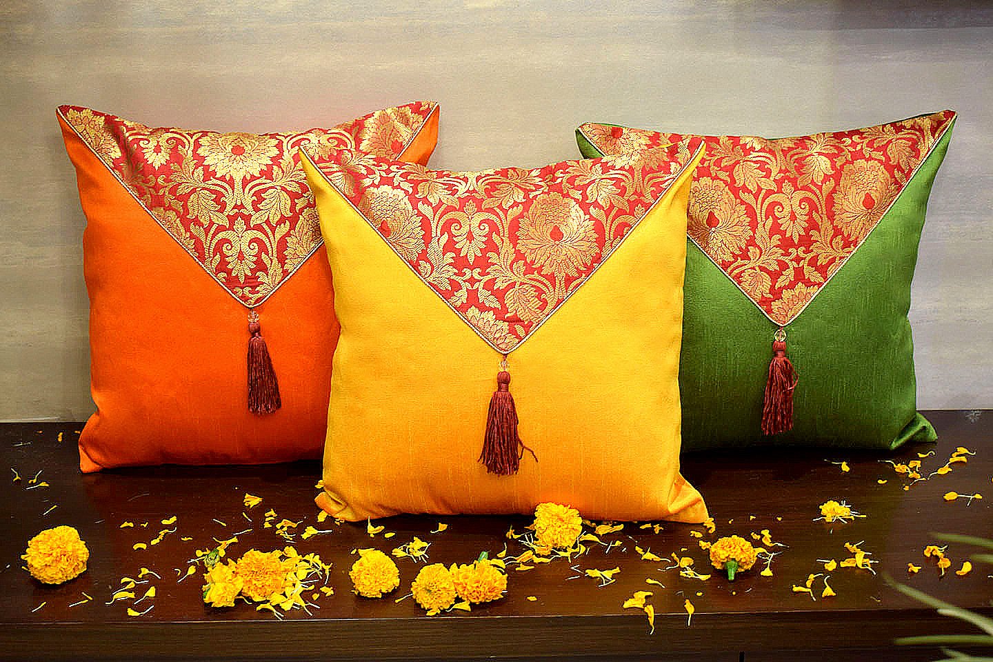 Mehrang Cushion Covers Combo (Olive Green, Rust Yellow, Orange) - Image 2