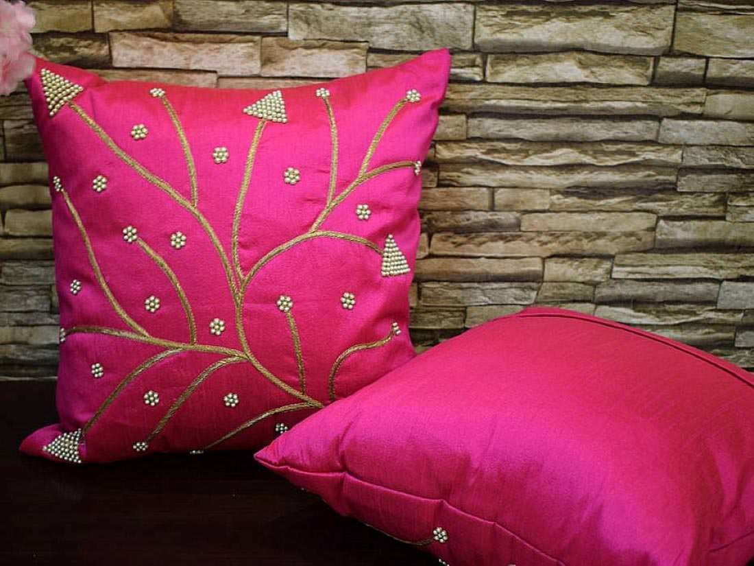 Ferns & Petals All Over Hand Embroidered Magenta Cushion Covers - Image 2