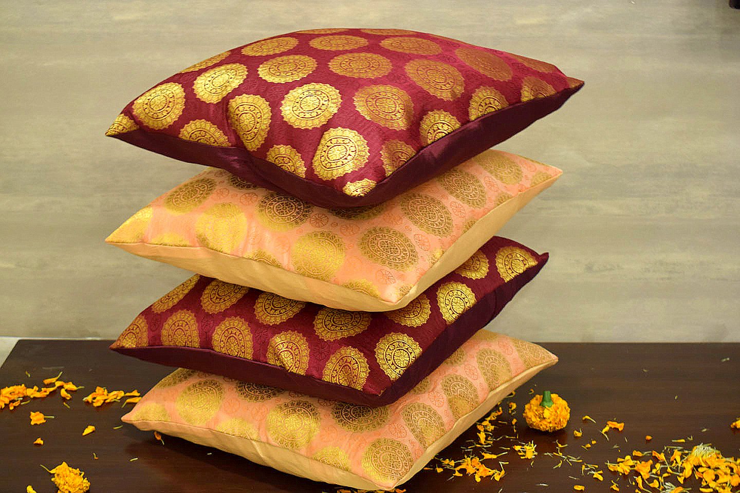 Mandala Brocade Silk Cushion Covers Combo (Coral & Maroon) - Image 2
