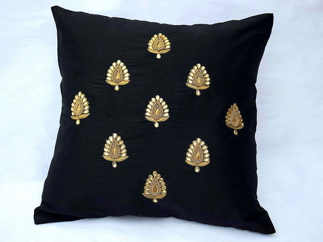 Swarn Paan Patti Beads, Kundan & Zari Hand Embroidery Black Cushion Covers - Image 2