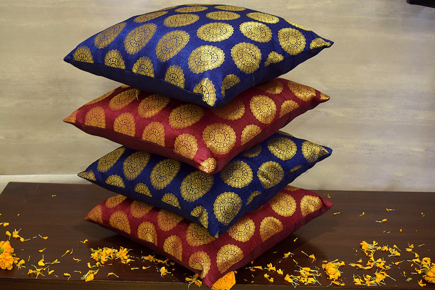 Mandala Brocade Silk Cushion Covers Combo (Blue & Maroon) - Image 2