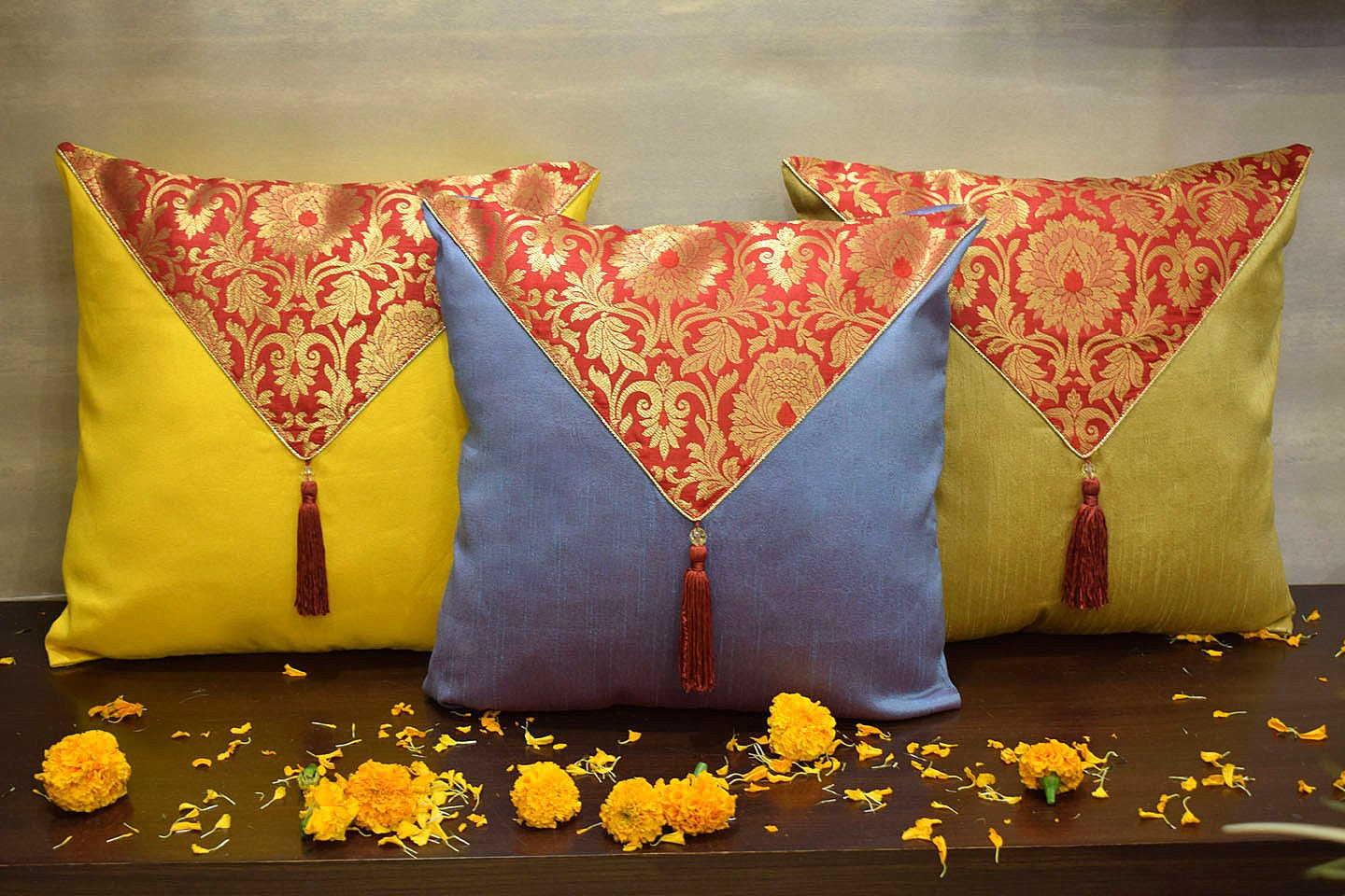 Mehrang Cushion Covers Combo (Beige, Steel Blue, Sunshine Yellow) - Image 2