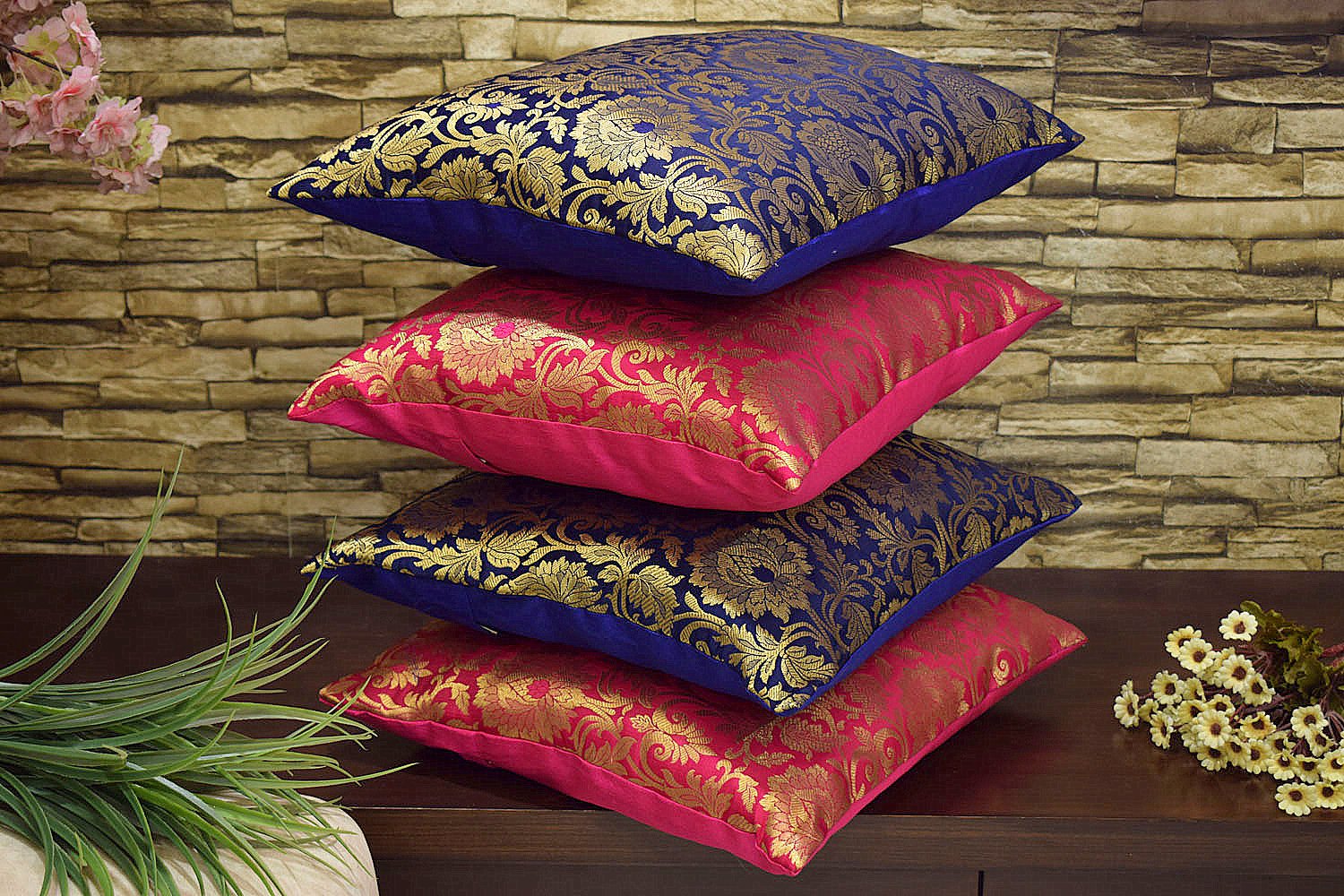 MUGHAL BANARASI Brocade Cushion Covers Combo (Blue & Bougainvillea Pink) - Image 2