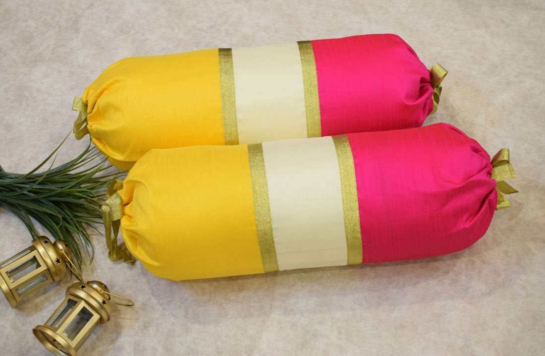 TRI Color Golden Zari Decorative Bolster Covers (Yellow, Ivory, Magenta) - Image 2