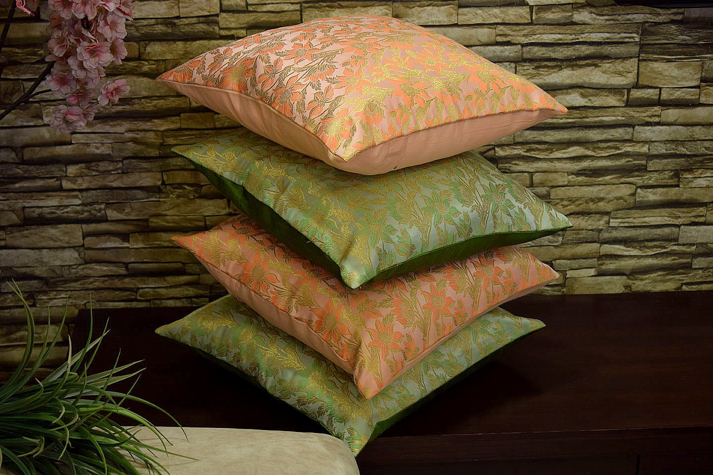 Bageecha Floral Brocade Silk Cushion Covers Combo (Peach & Sage Green) - Image 2