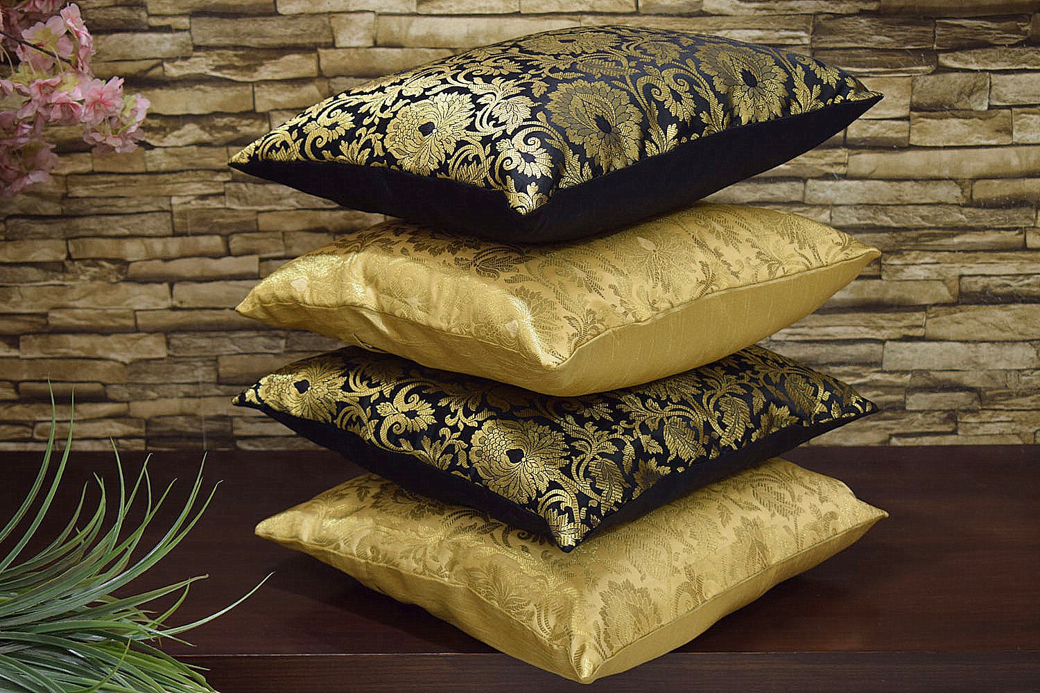 MUGHAL BANARASI Brocade Cushion Covers Combo (MariGold & Black) - Image 2