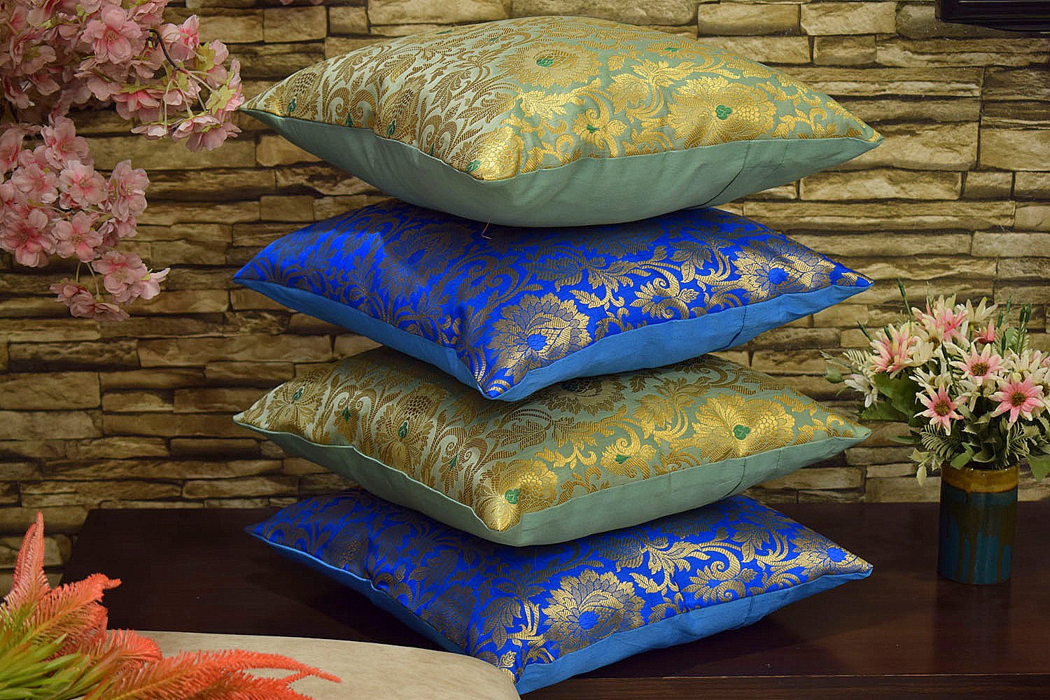 MUGHAL BANARASI Brocade Cushion Covers Combo (Sage Green & Firozi) - Image 2