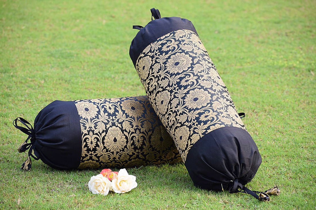 MUGHAL BANARASI Brocade Bolster Covers (Black & Golden) - Image 2