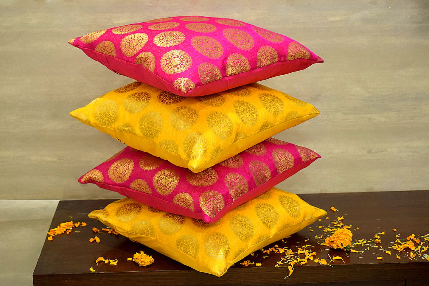 Mandala Brocade Silk Cushion Covers Combo (Yellow & Magenta) - Image 2