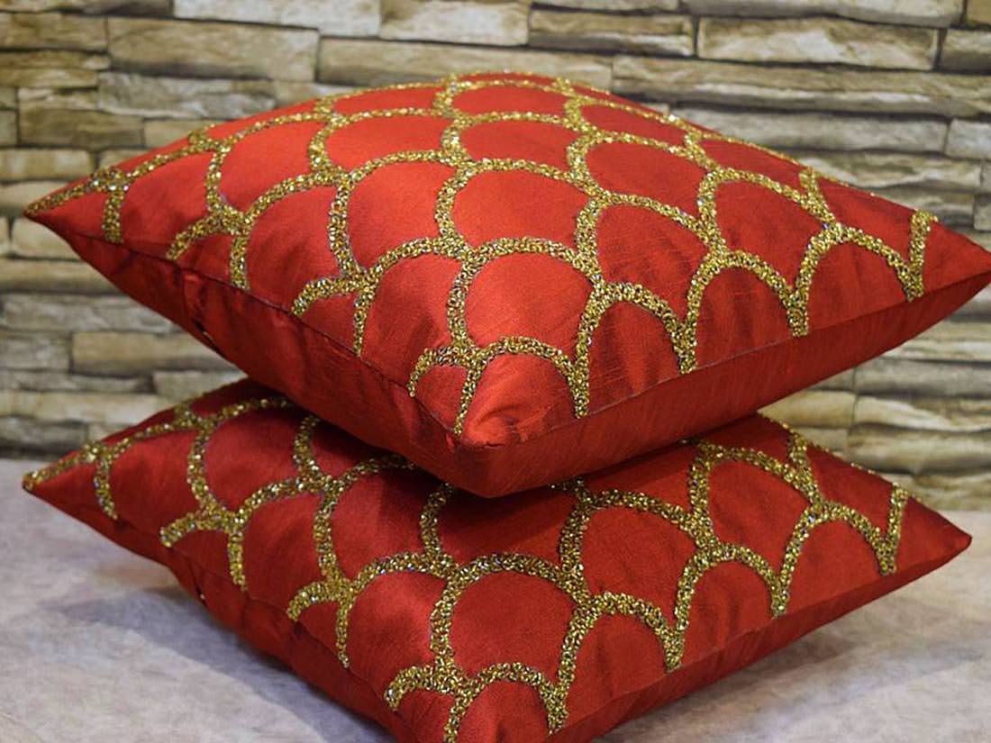 Criss Cross Hand Embroidered Moroccan Gold Embellished Maroon Cushion Covers - Image 2
