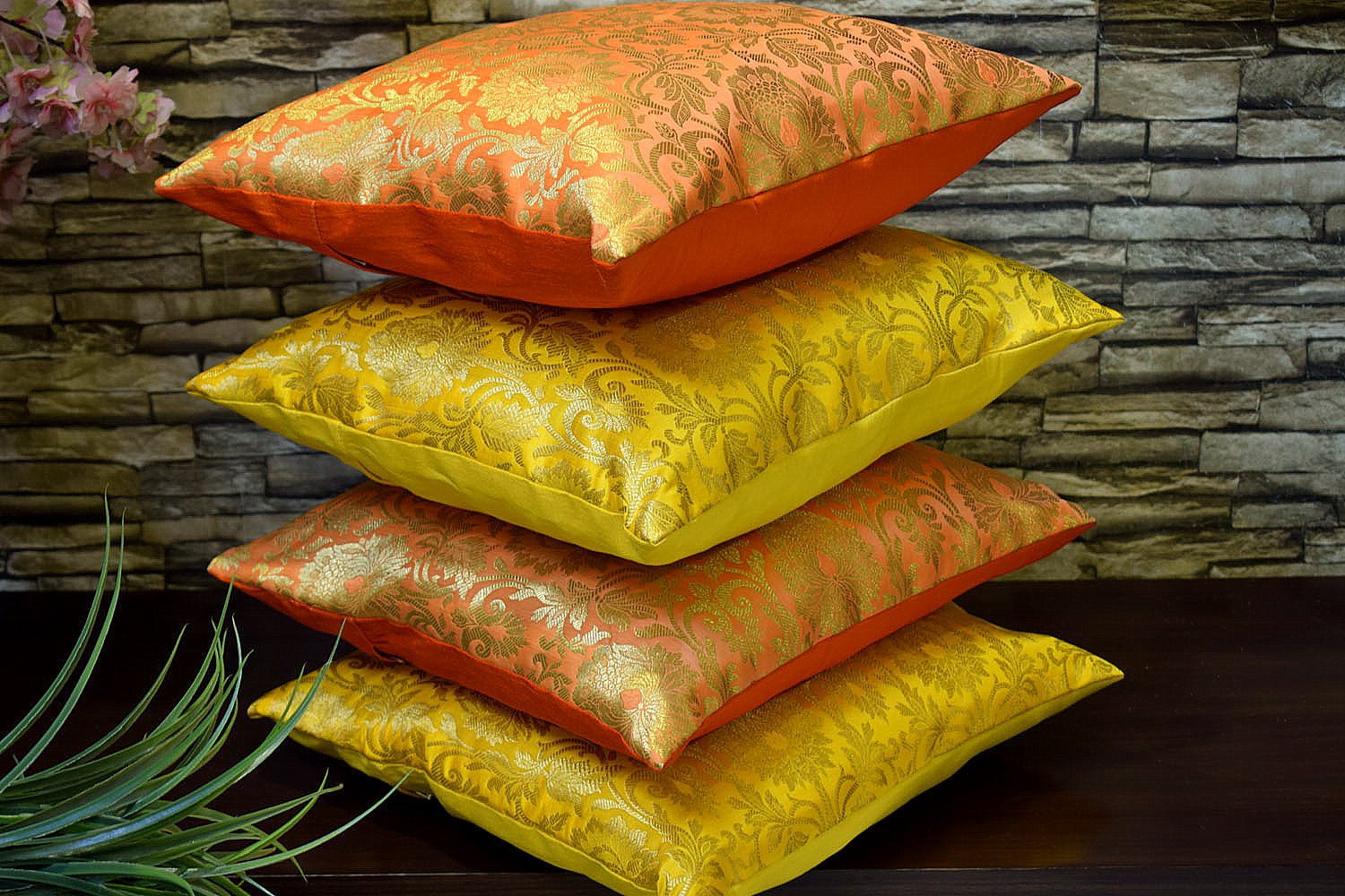 MUGHAL BANARASI Brocade Cushion Covers Combo (Orange & Yellow) - Image 2