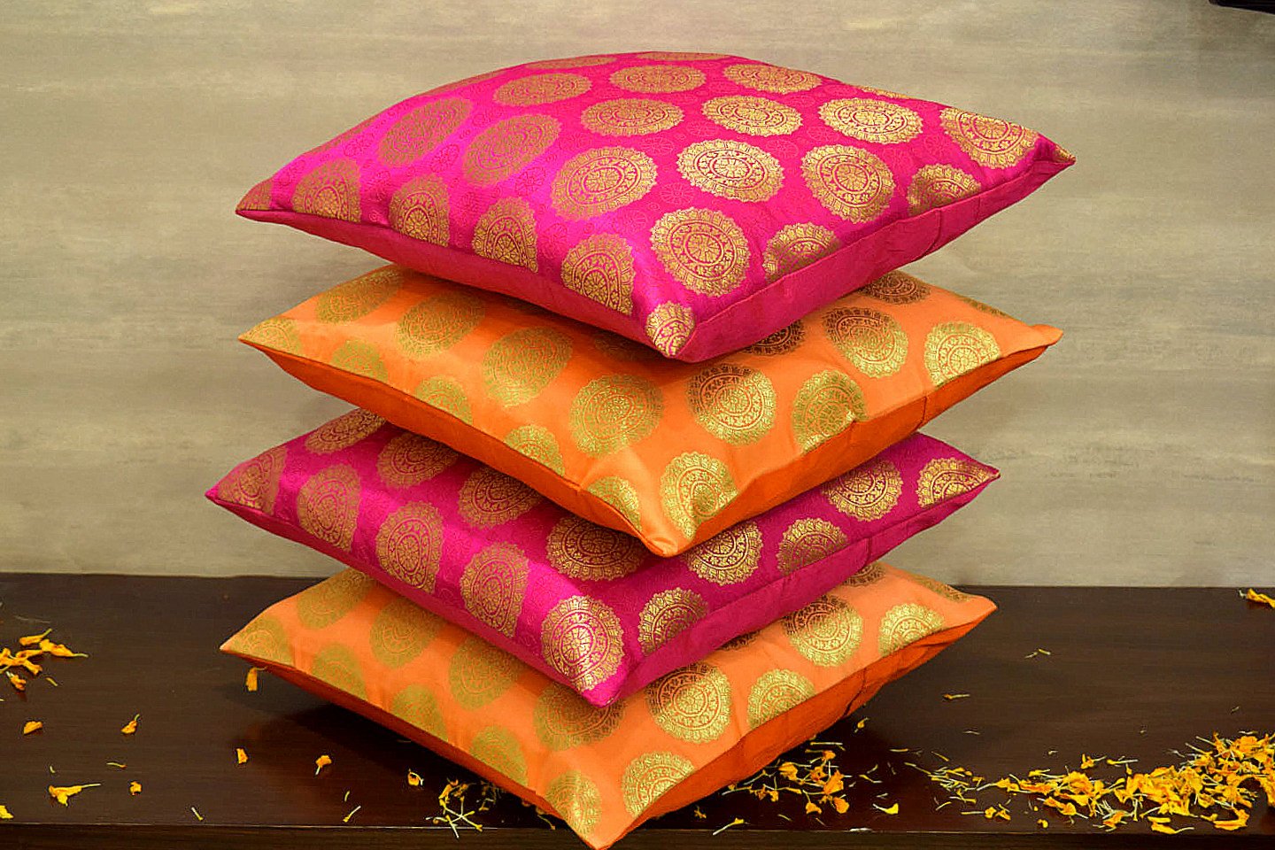 Mandala Brocade Silk Cushion Covers Combo (Orange & Magenta) - Image 2