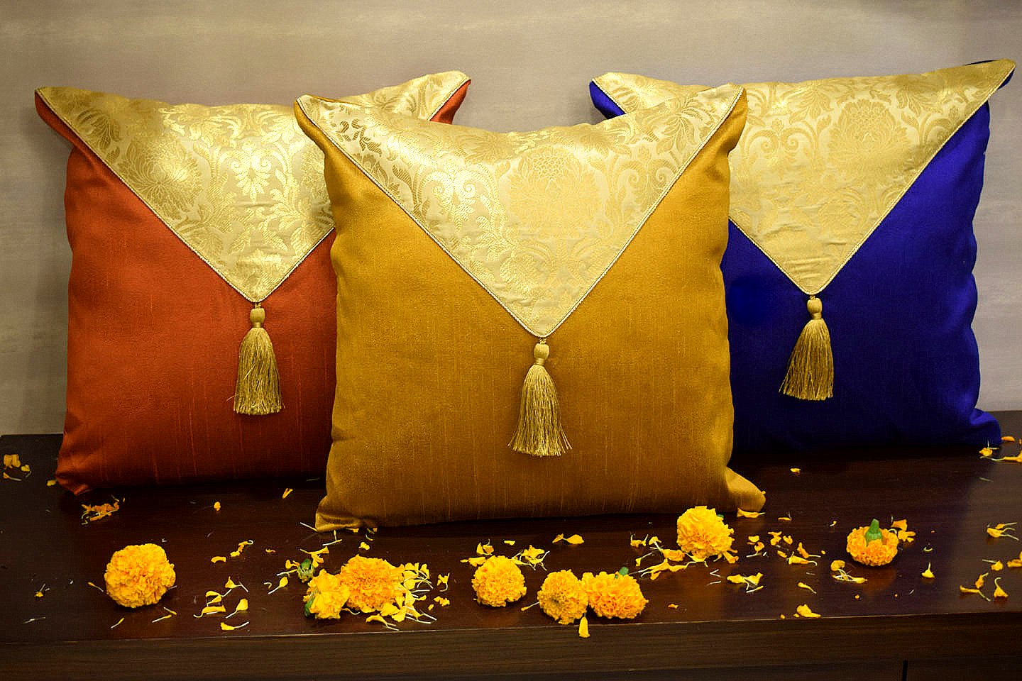 Mehrang Cushion Covers Combo ( Blue, Rustic Golden, Red Brown) - Image 2
