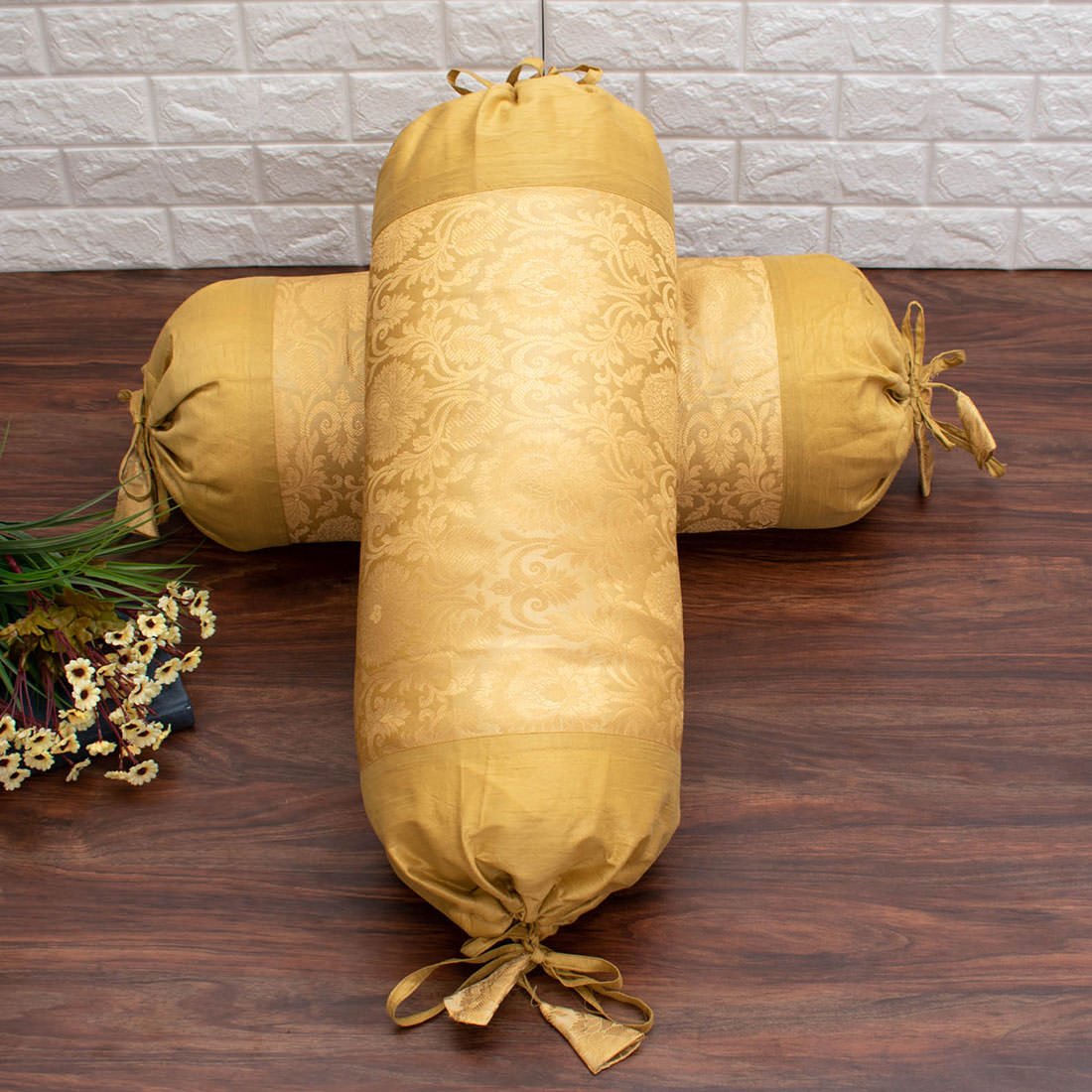 MUGHAL BANARASI Brocade Bolster Covers (Marigold Beige & Golden) - Image 2