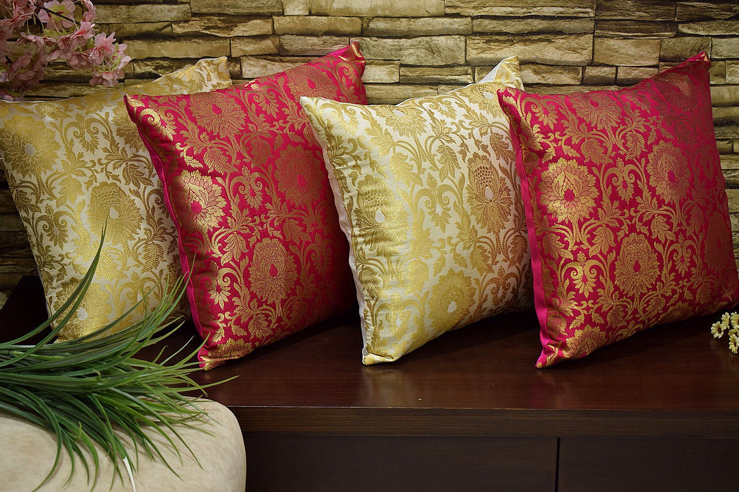 MUGHAL BANARASI Brocade Cushion Covers Combo (Bougainvillea Pink & White) - Image 5