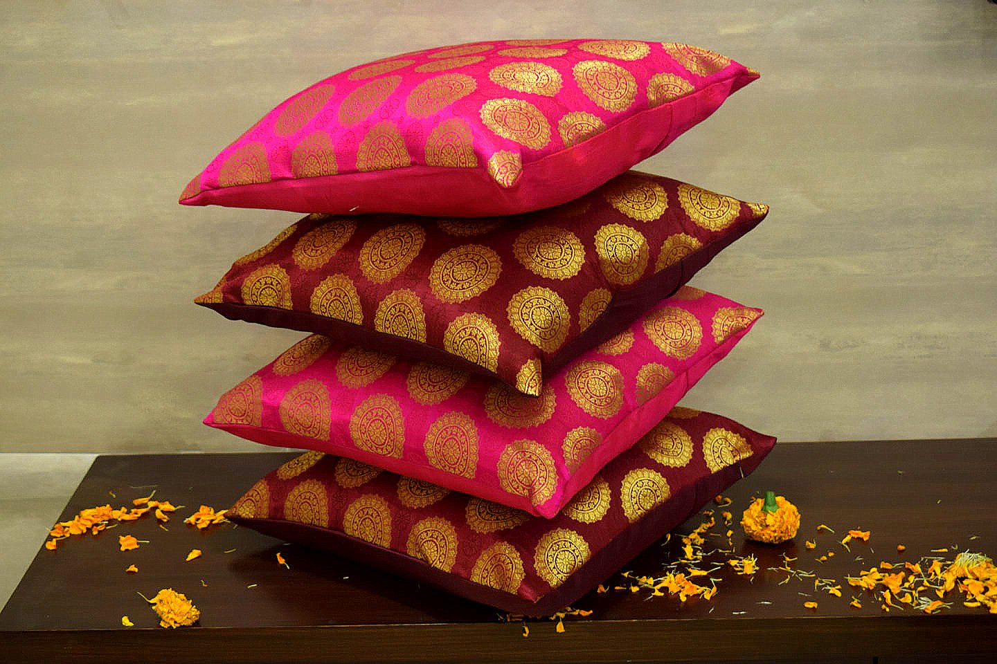 Mandala Brocade Silk Cushion Covers Combo (Maroon & Magenta) - Image 2