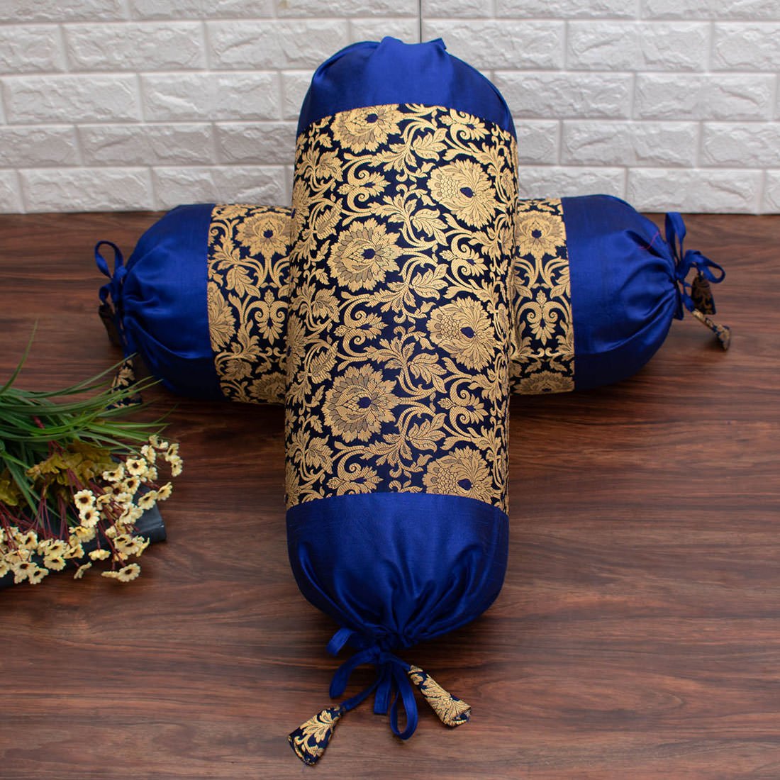 MUGHAL BANARASI Brocade Bolster Covers (Navy Blue & Golden) - Image 2