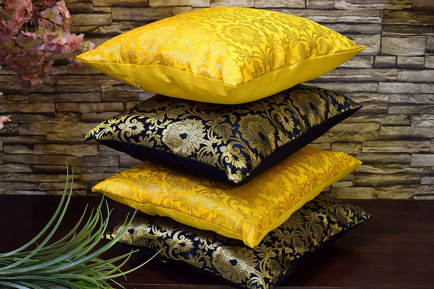 MUGHAL BANARASI Brocade Cushion Covers Combo (Yellow & Black) - Image 2