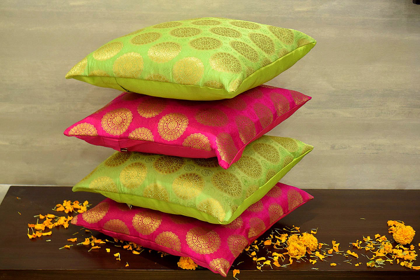 Mandala Brocade Silk Cushion Covers Combo (Green & Magenta) - Image 2