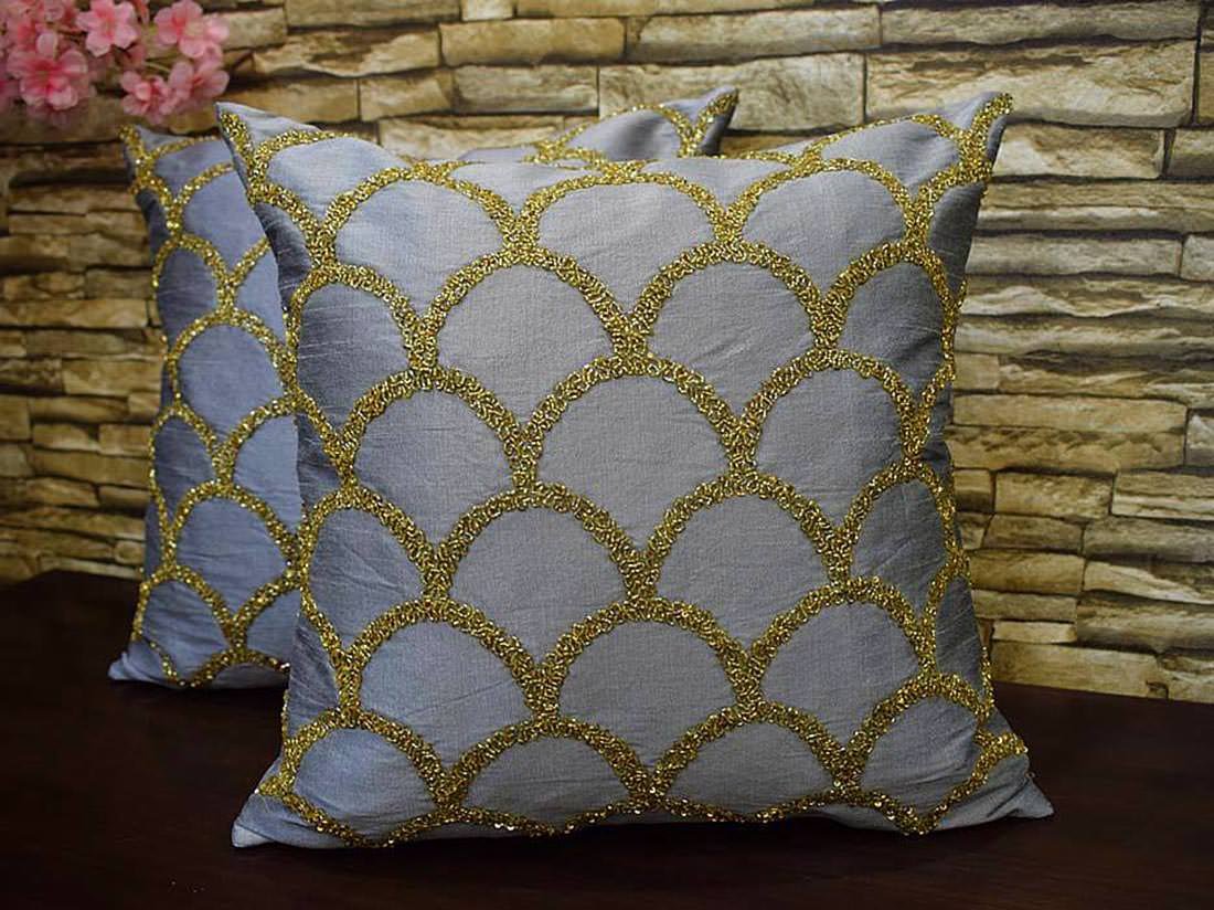Criss Cross Hand Embroidered Moroccan Gold Embellished Grey Cushion Covers - Image 2