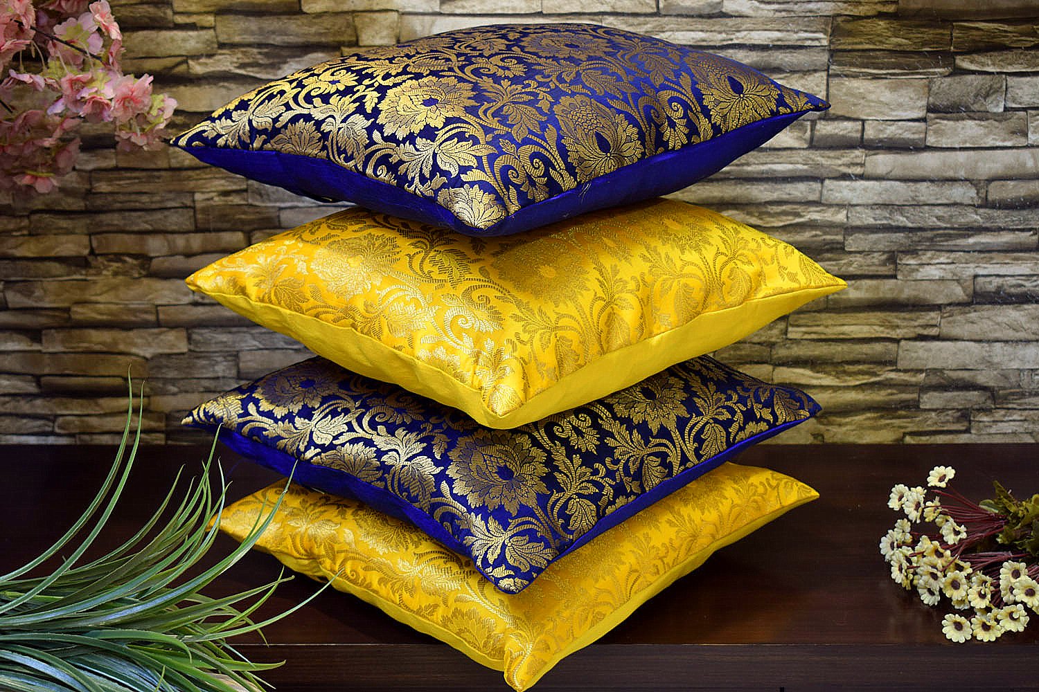 MUGHAL BANARASI Brocade Cushion Covers Combo (Yellow & Blue) - Image 2