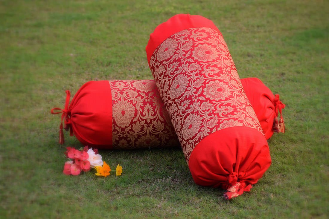 MUGHAL BANARASI Brocade Bolster Covers (Red & Golden) - Image 2