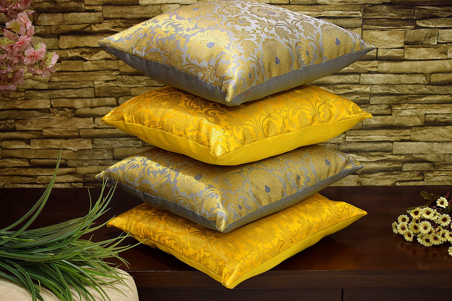 MUGHAL BANARASI Brocade Cushion Covers Combo (Yellow & Grey) - Image 2