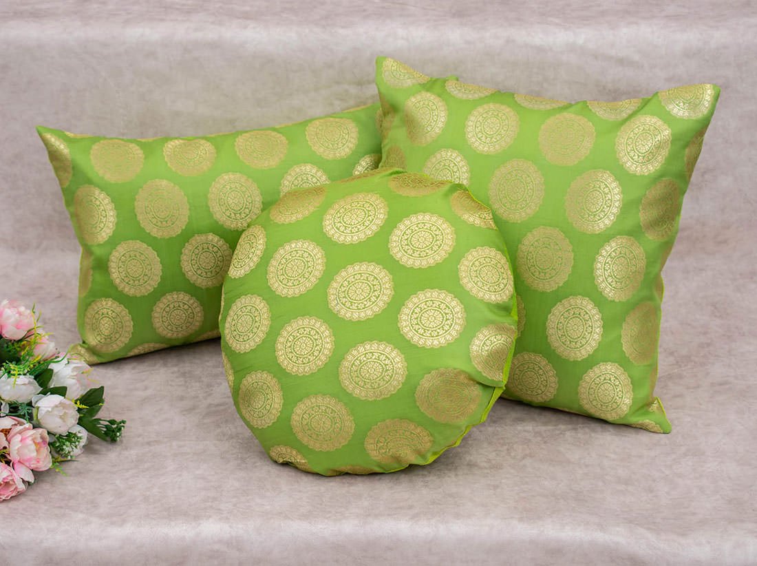 Mandala Brocade Silk Rectangular Cushion Covers (Green & Golden) - Image 2