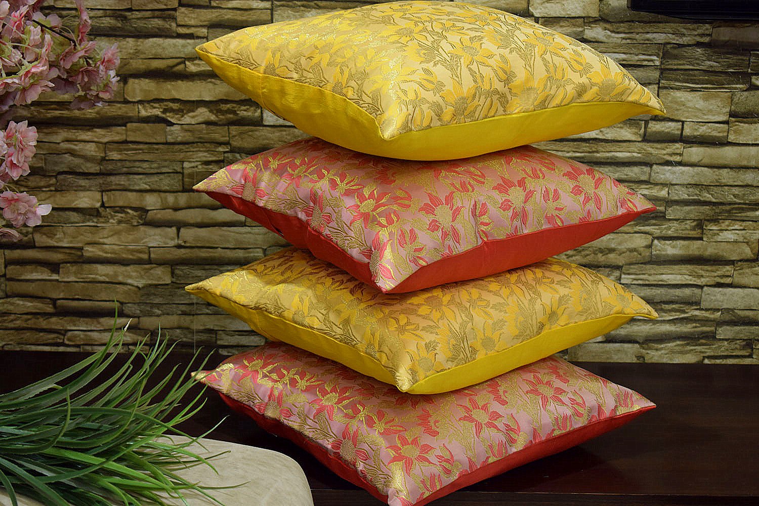 Bageecha Floral Brocade Silk Cushion Covers Combo (Yellow & Coral) - Image 2