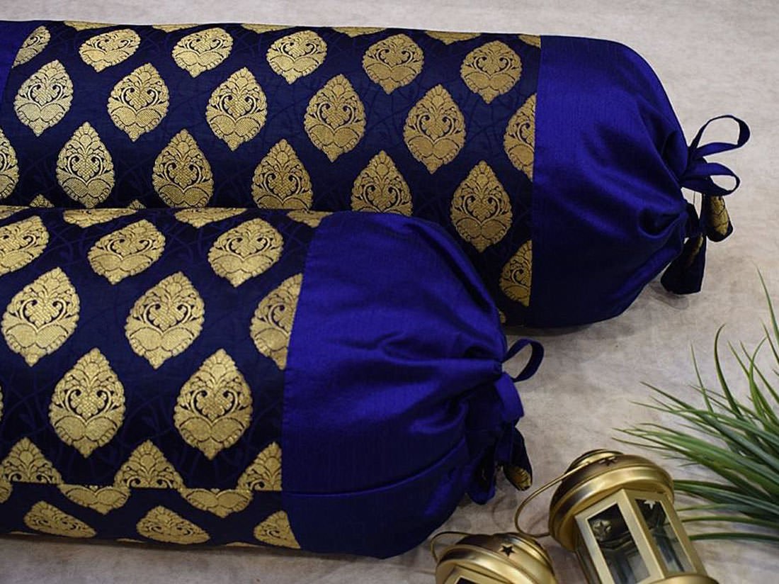 Get Bold With Rich Heritage & Class! Premium Quality Pure Brocade Blue & Golden Classic Design Ethnic Bolster Covers - Image 2