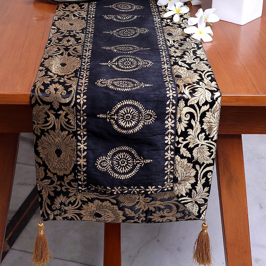 Mughal Banarasi Gardish Block Printed Table Runner - Black - Image 2