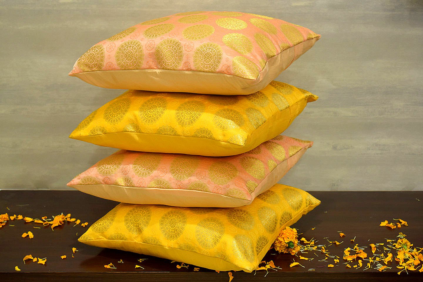 Mandala Brocade Silk Cushion Covers Combo (Coral & Yellow) - Image 2