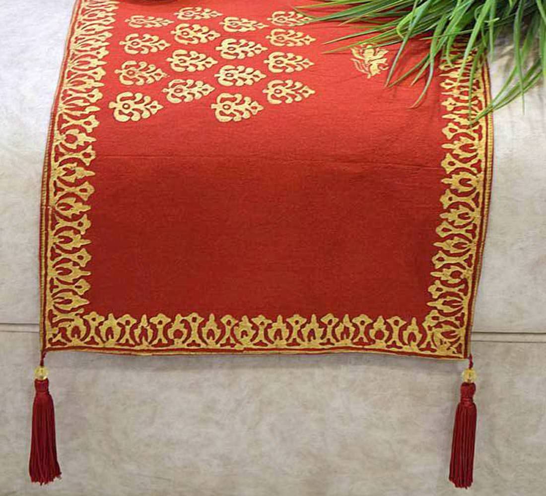 Royal Gold Hand Block Printed Premium Quality Silk Ethnic Table Runner - Maroon - Image 2
