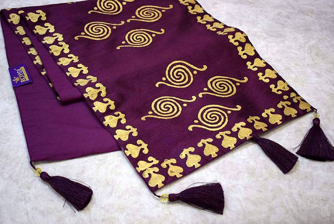 Royal Gold Hand Block Printed Premium Quality Silk Ethnic Table Runner - Wine - Image 2