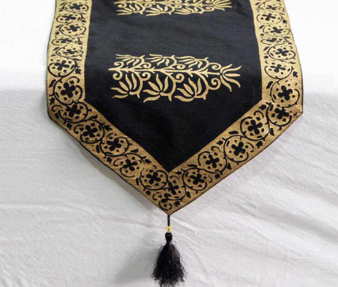 Royal Gold Hand Block Printed Silky Table Runner - Black - Image 2