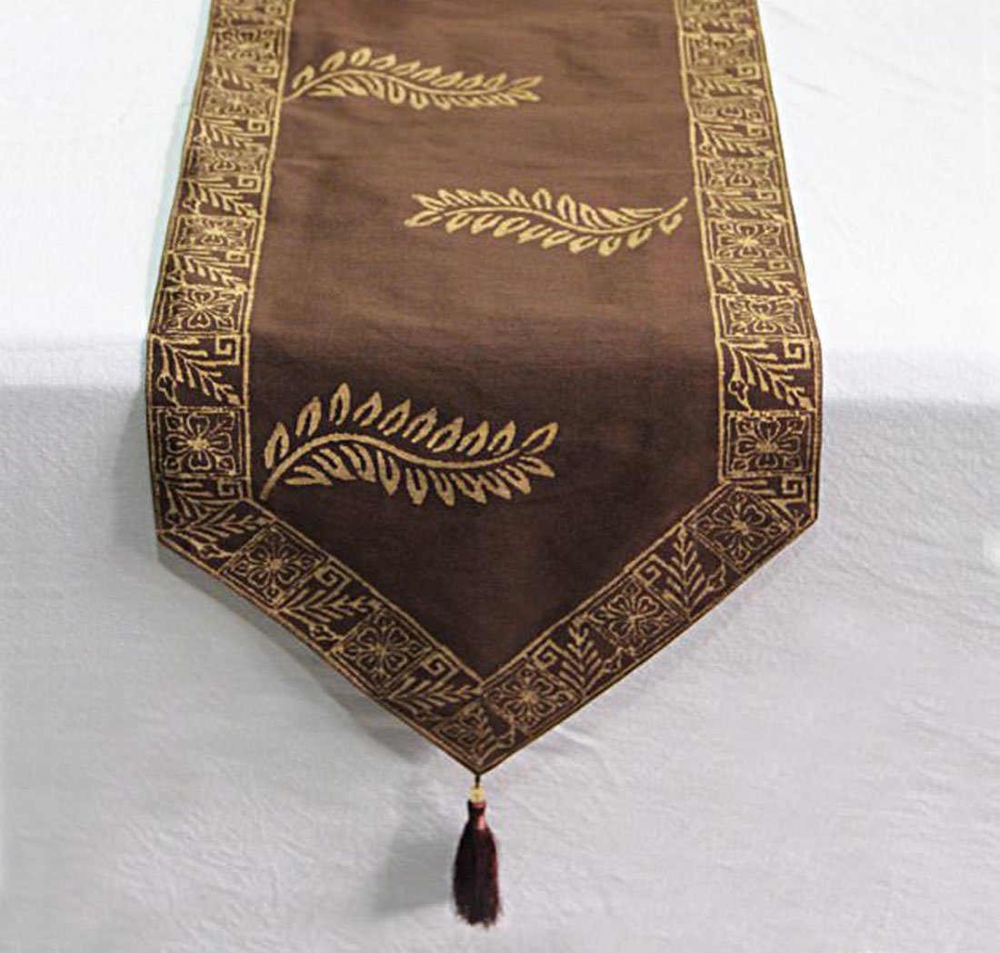 Royal Gold Hand Block Printed Silky Table Runner - Brown - Image 2
