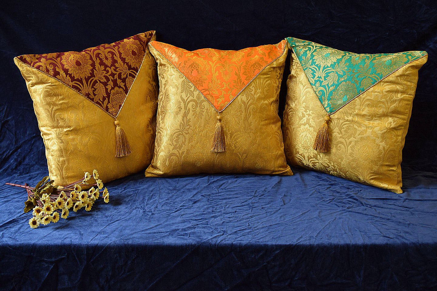 Jashan-E-Mehrang Cushion Covers Combo (Wine, Orange, Turquoise Green) - Image 3