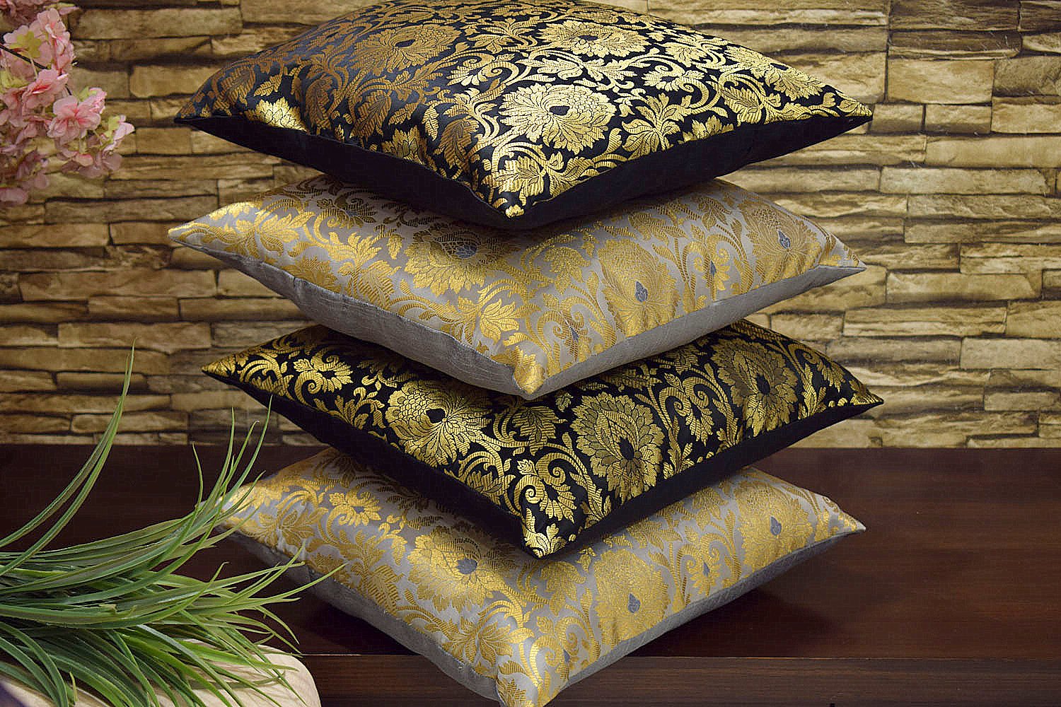 MUGHAL BANARASI Brocade Cushion Covers Combo (Black & Grey) - Image 2