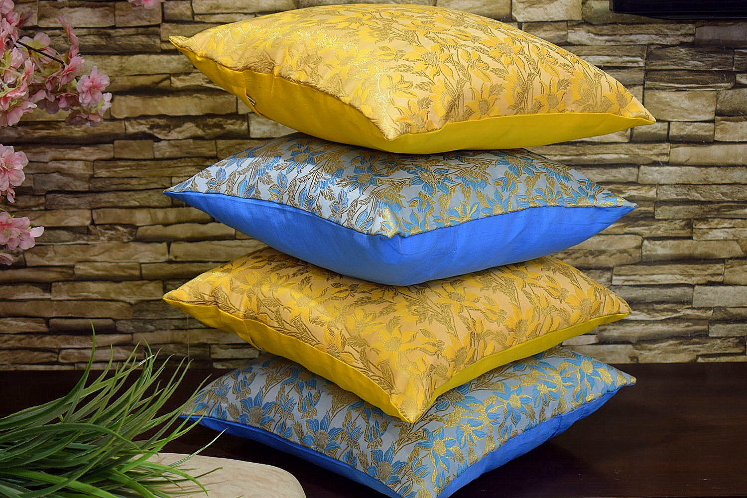 Bageecha Floral Brocade Silk Cushion Covers Combo (Sky Blue & Yellow) - Image 2