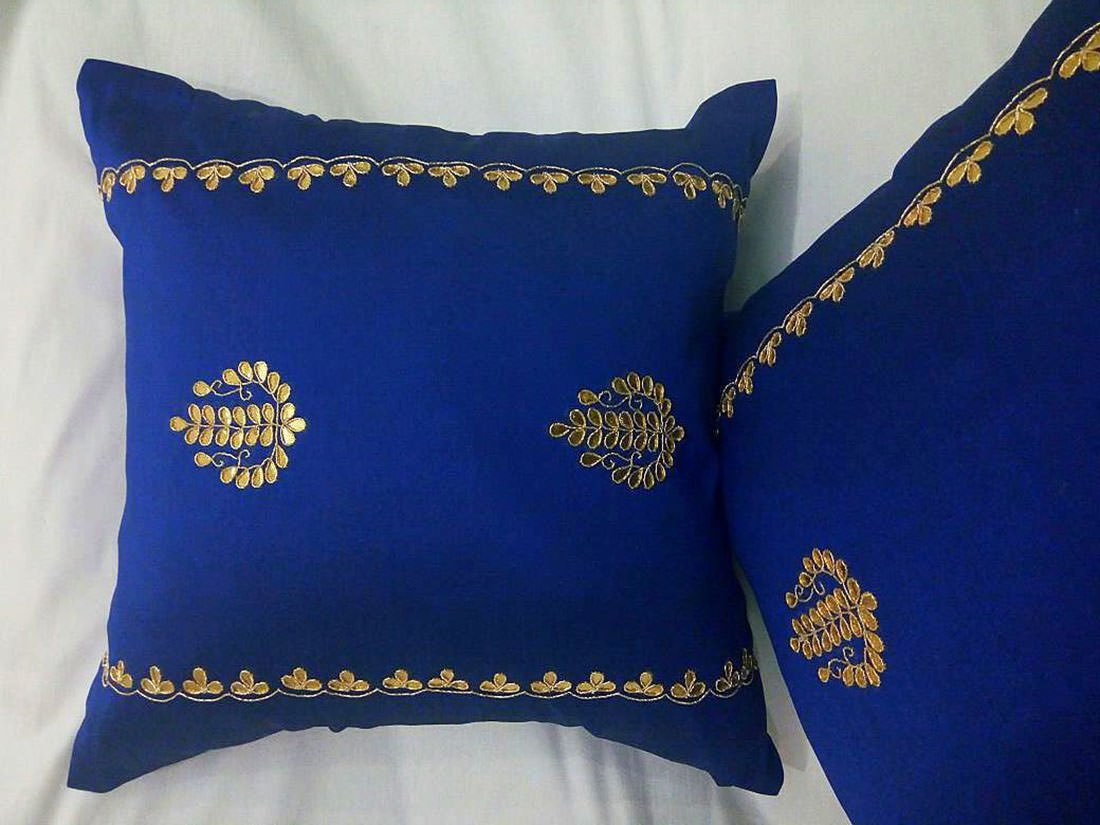 Hand Embroidered Gotta Patti Ethnic Blue Cushion Covers - Image 2