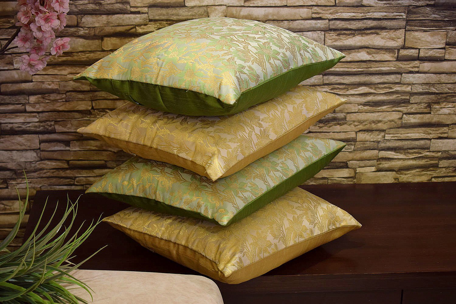 Bageecha Floral Brocade Silk Cushion Covers Combo (Beige & Sage Green) - Image 2