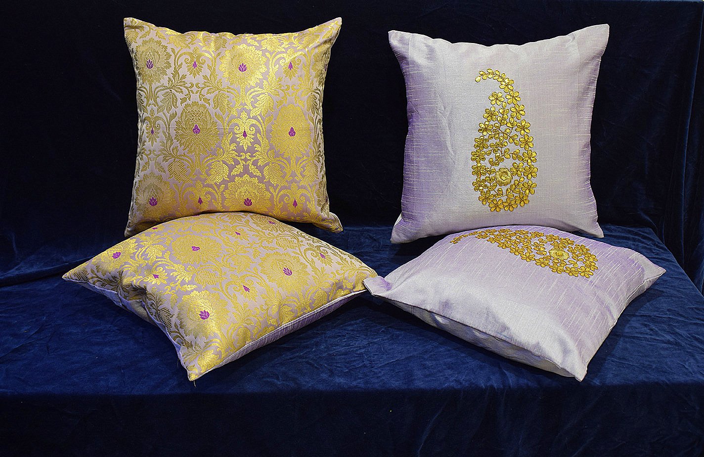 Assorted Lavender Mughal Banarasi Brocade & Paisley Hand Embroidered Cushion Covers - Set of 4 - Image 5