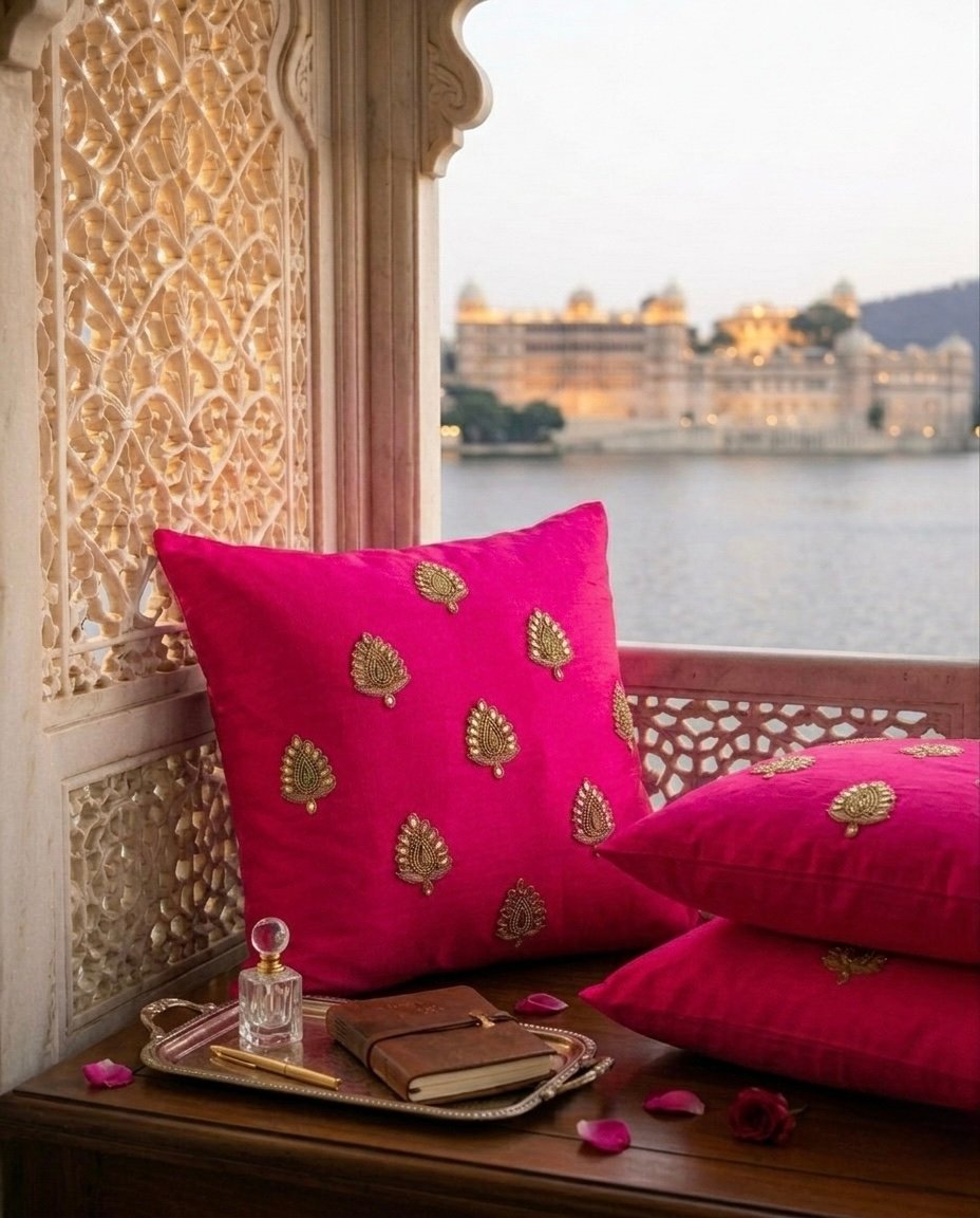 Swarn Paan Patti Beads, Kundan & Zari Hand Embroidery Magenta Cushion Covers - Image 2