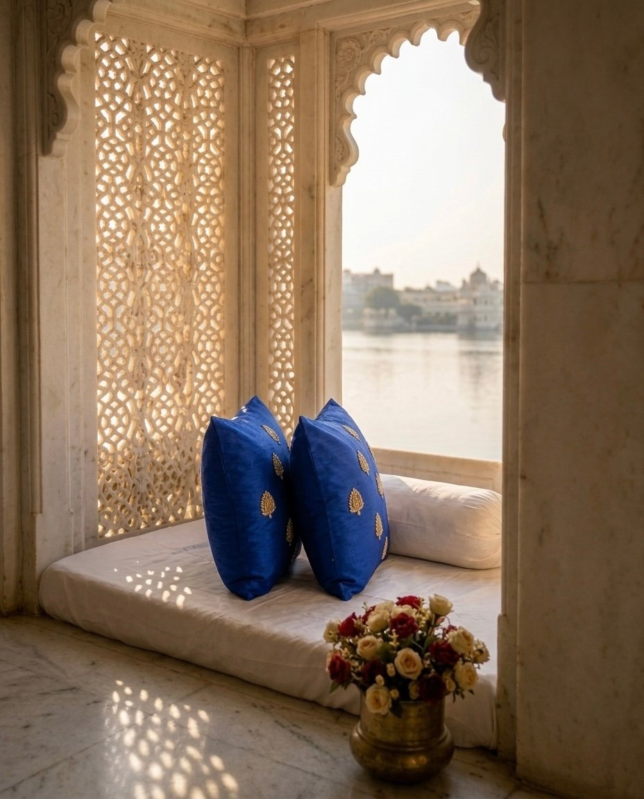 Swarn Paan Patti Beads, Kundan & Zari Hand Embroidery Blue Cushion Covers - Image 3