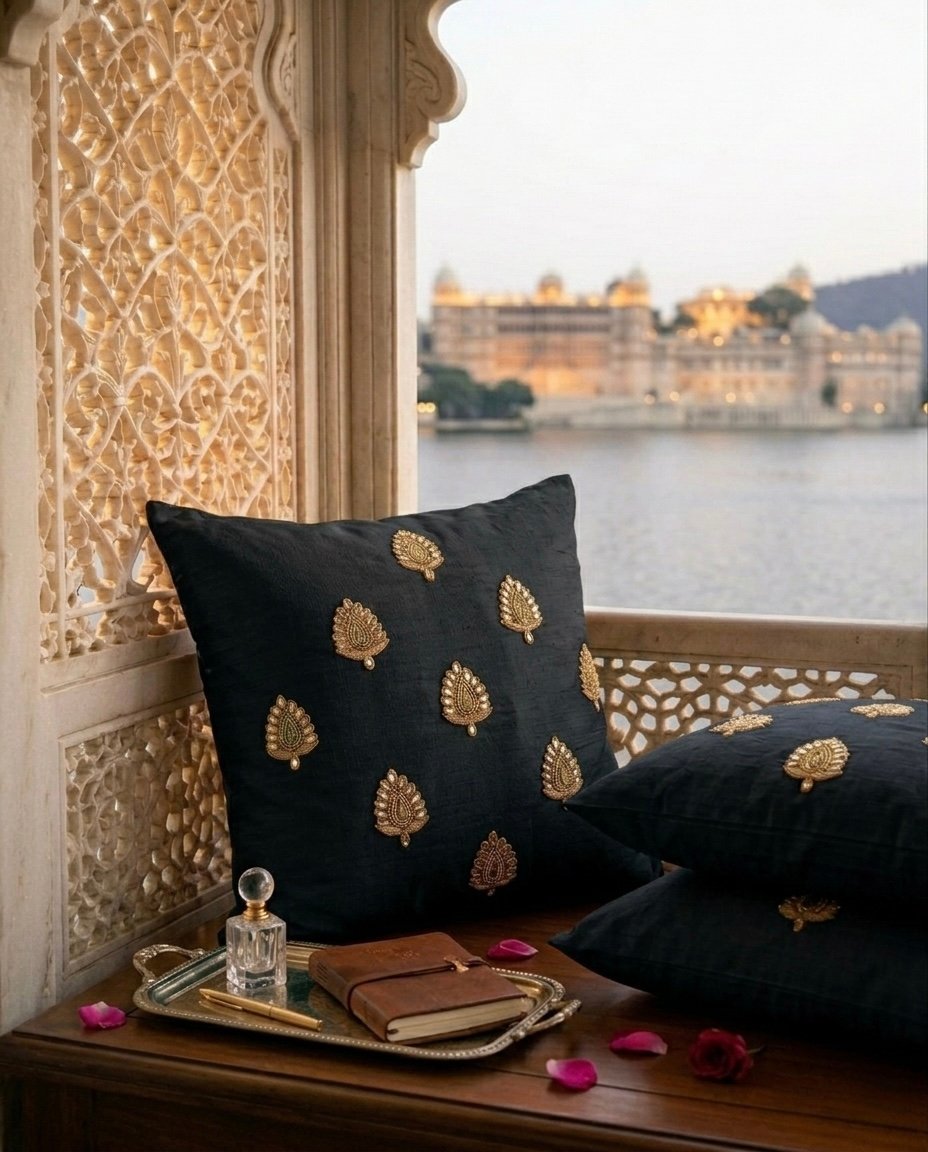 Swarn Paan Patti Beads, Kundan & Zari Hand Embroidery Black Cushion Covers - Image 2