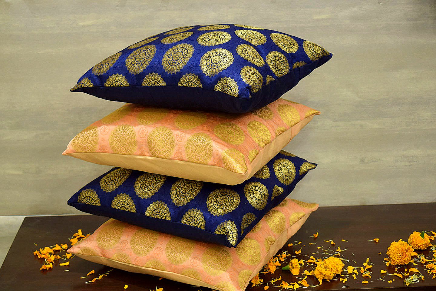 Mandala Brocade Silk Cushion Covers Combo (Blue & Coral) - Image 2