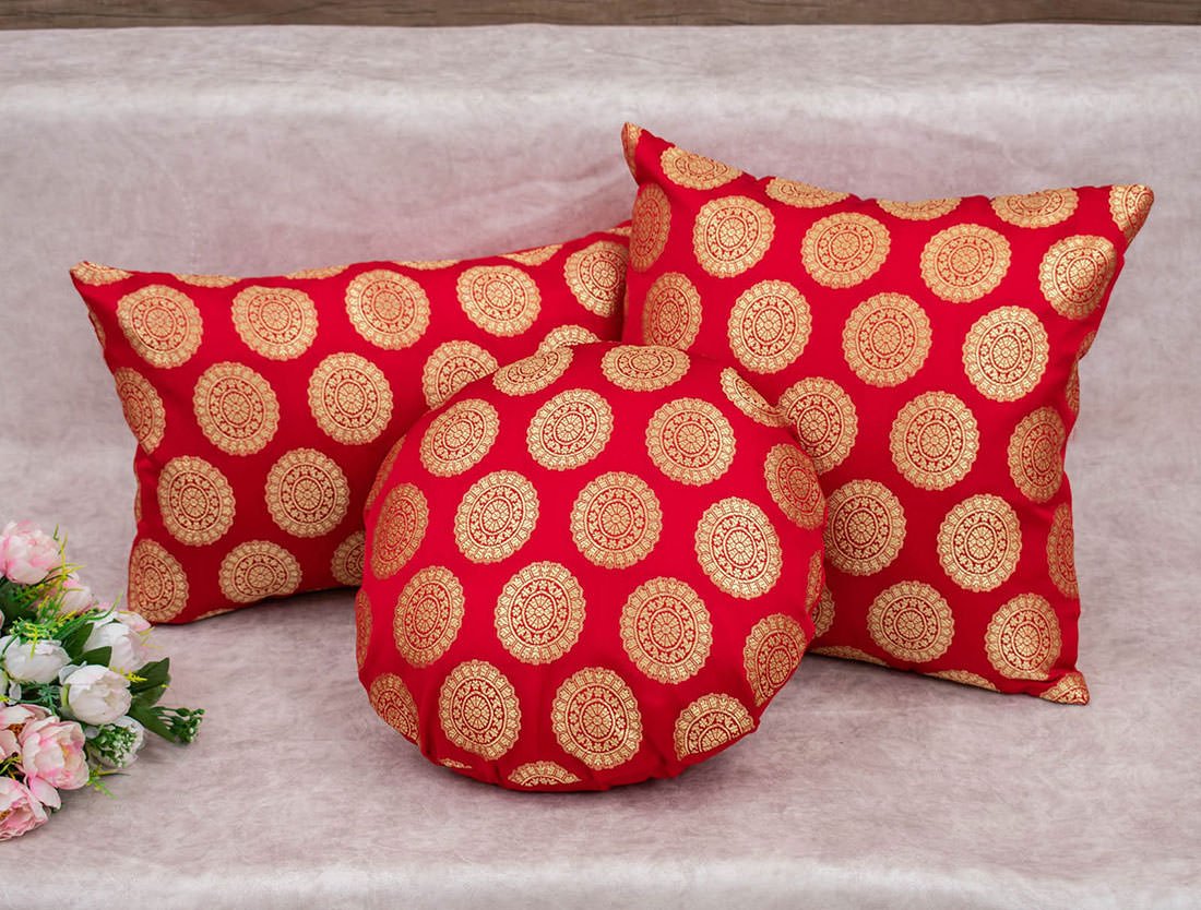 Mandala Brocade Silk Rectangular Cushion Covers (Red & Golden) - Image 2