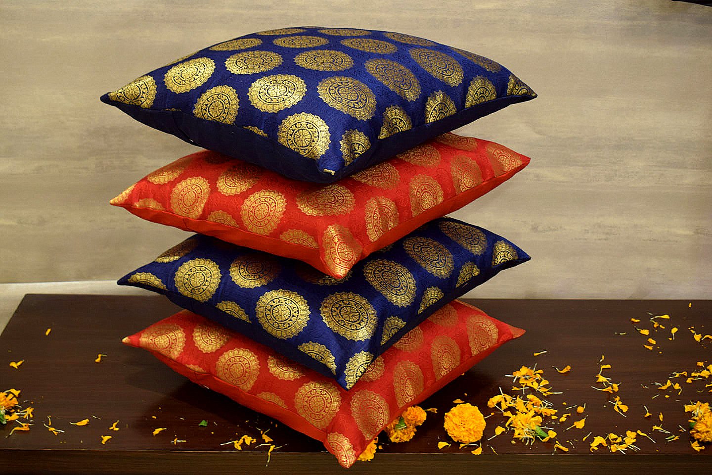 Mandala Brocade Silk Cushion Covers Combo (Blue & Red) - Image 2